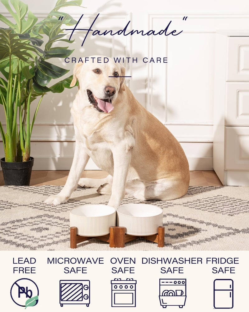 GET STAR Ceramic Dog Bowls Set with Acacia Wood Stand, 3.5 Cups Pet Bowls Set of 2 for Medium Dogs, Cute Dog Food Bowl, Cat Bowls - Image 5
